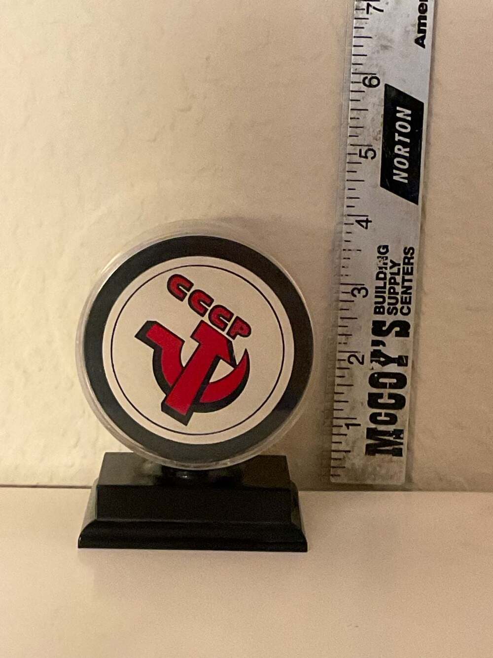 Vintage CCCP Russian Hammer & Sickle Official Hockey Puck with Stand